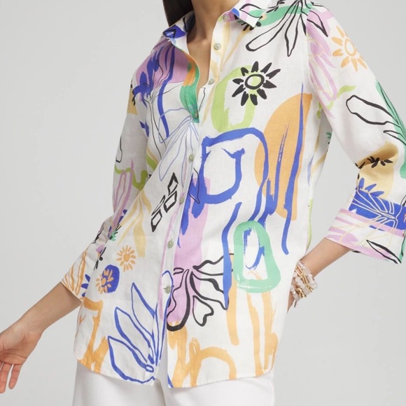Chico's  Surreal 100% Linen 3/4 Sleeve Shirt Sz 2/ US 12  Whimsical Summer NWT - Picture 8 of 9